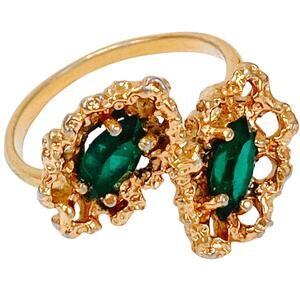 VTG 70s Brutalist Gold Tone Ring Emerald Green Glass Stones Size 6.5 Sculptural